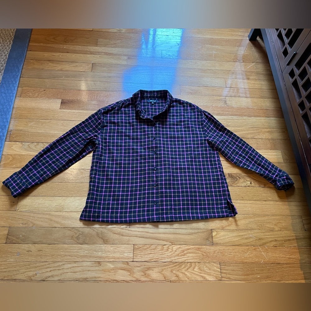 Madewell pink and black flannel plaid button down shirt top